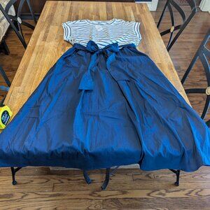 J Crew Women's XL Navy and Cream Stripped Bodice Dress with Pockets and Sash